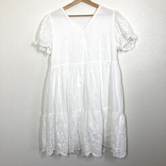 SHEIN Dresses & Skirts - Sun Dress Summer Boho White Floral SHEIN Womens XL Lace Puff Sleeve V Neck Swing